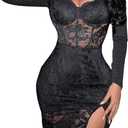 SOLY HUX Women's Lace Sheer Bodycon Mini Dresses Long Sleeve Sexy Club Night Out Party Dress (Pure Black)