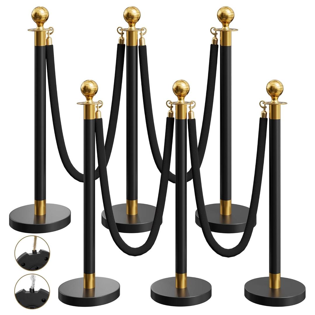 6 Pack Black&Gold Stanchions and Velvet Ropes Set, Stainless Steel Crowd Control Barriers, 4Pcs Black Ropes and Poles for Party Supplies,Photobooth Accessories, Prom,Birthday,Business,Wedding, Museums