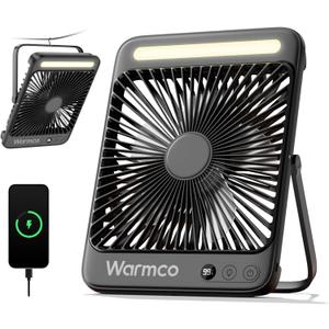 Warmco 20000mAh Battery Powered Fan, Ultra-Slim 8-Inch Portable Camping Fan with Light, Up to 48H Runtime Rechargeable Desk Fan for Bedroom, Outdoor, Tent, Travel, Cruise Ship Essentials (Black)