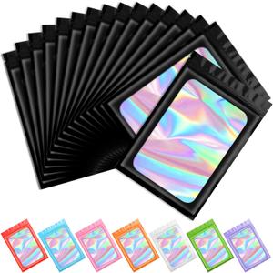 Funfery 100 pcs Black Mylar Holographic Resealable Bags,Clear Packaging Bag Odor Proof Foil Pouch Bag for Food Storage, Lipgloss, Jewelry, Eyelash Packaging for Small Business - 3x4.7 Inch | Zipper Lock, Smell Proof, Holographic