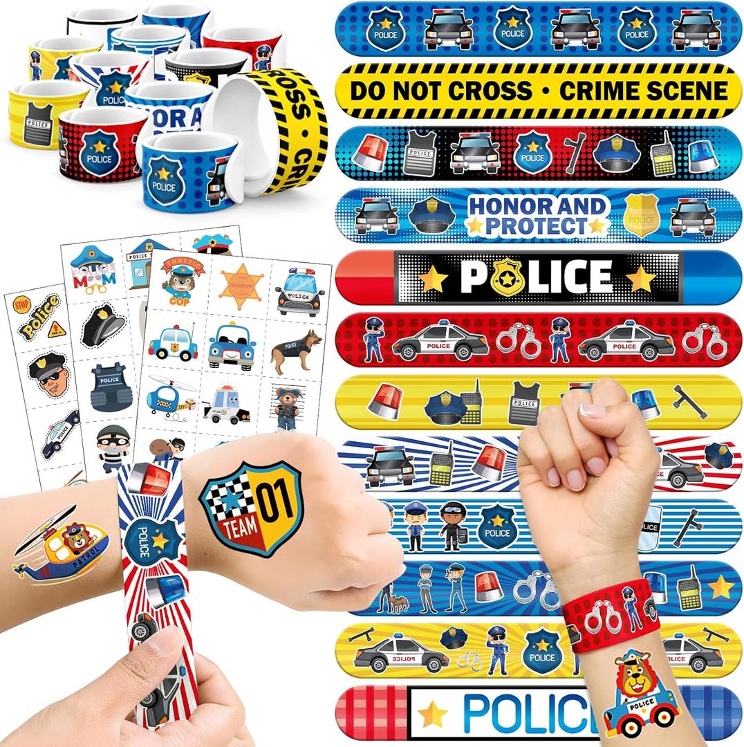 60 PCS Police Party Favors Set - 36 Temporary Tattoos Sticker & 24 Slap Bracelets for Kids, Perfect for Birthday Parties, Classroom Rewards and Gifts