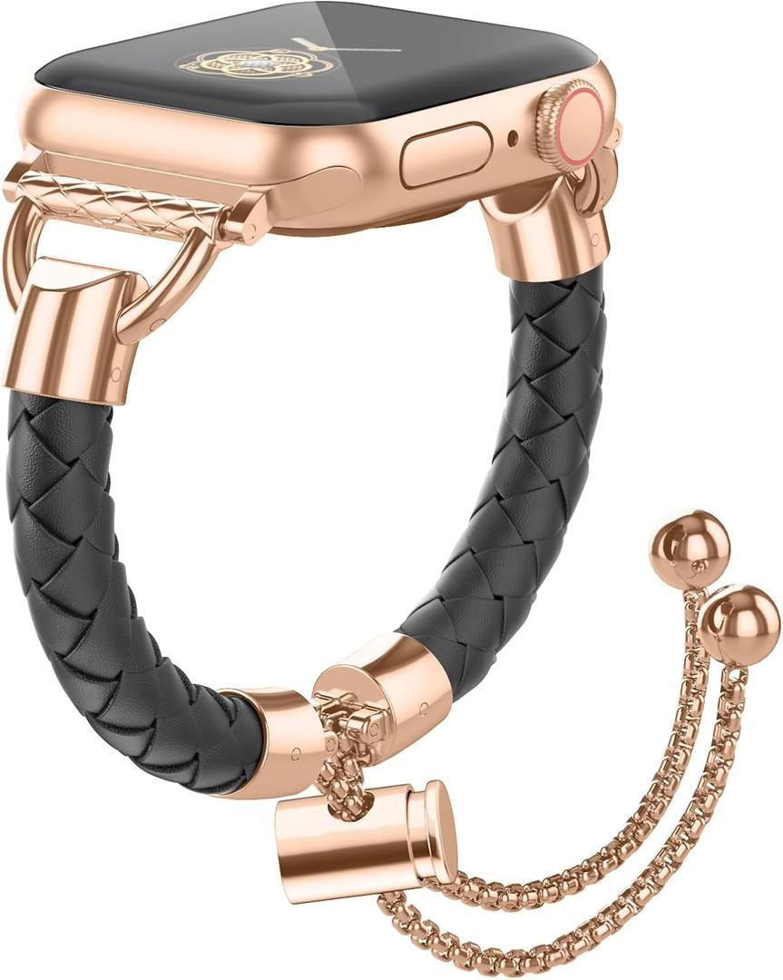 Leather and Metal Band Compatible with Apple Watch Bands for Women,Adjustable Designer Cute Stylish Strap for iWatch Series11/10/9/8/7/6/5/4/3/2/1/SE/Ultra