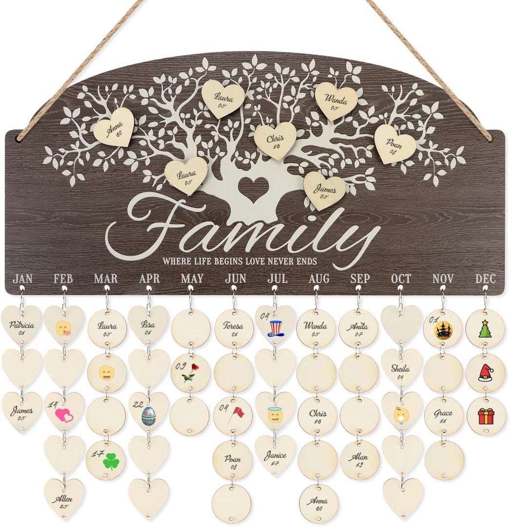 CHDITB Personalized Family Tree Birthday Reminder Board(16"x8"), Wooden Family Birthday Tracker Wall Hanging with 100 Tags, DIY Birthday Gifts for Mother Grandma Friends Family (Brown)