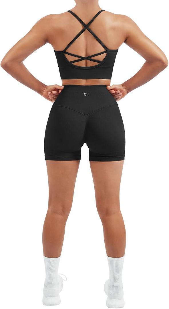 SUUKSESS Women Seamless 2 Piece Workout Sets Criss Cross Padded Sports Bra High Waist Booty Shorts Outfits (Black, M)