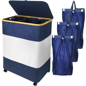 150L Laundry Hamper 3 Section, Large Divided Laundry Basket with Wheels and Lid, Tall Dirty Clothes Hamper with Bamboo Handles and 3 Removable Bag for Bedroom, College Dorm, Bathroom, Blue