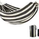 Cotton Canvas Hammock, Comfortable Fabric Camping Hammock with Tree Straps, Up to 440lbs with Travel Bag for Camping Outdoor/Indoor Patio Backyard(Black&White, Without bar)
