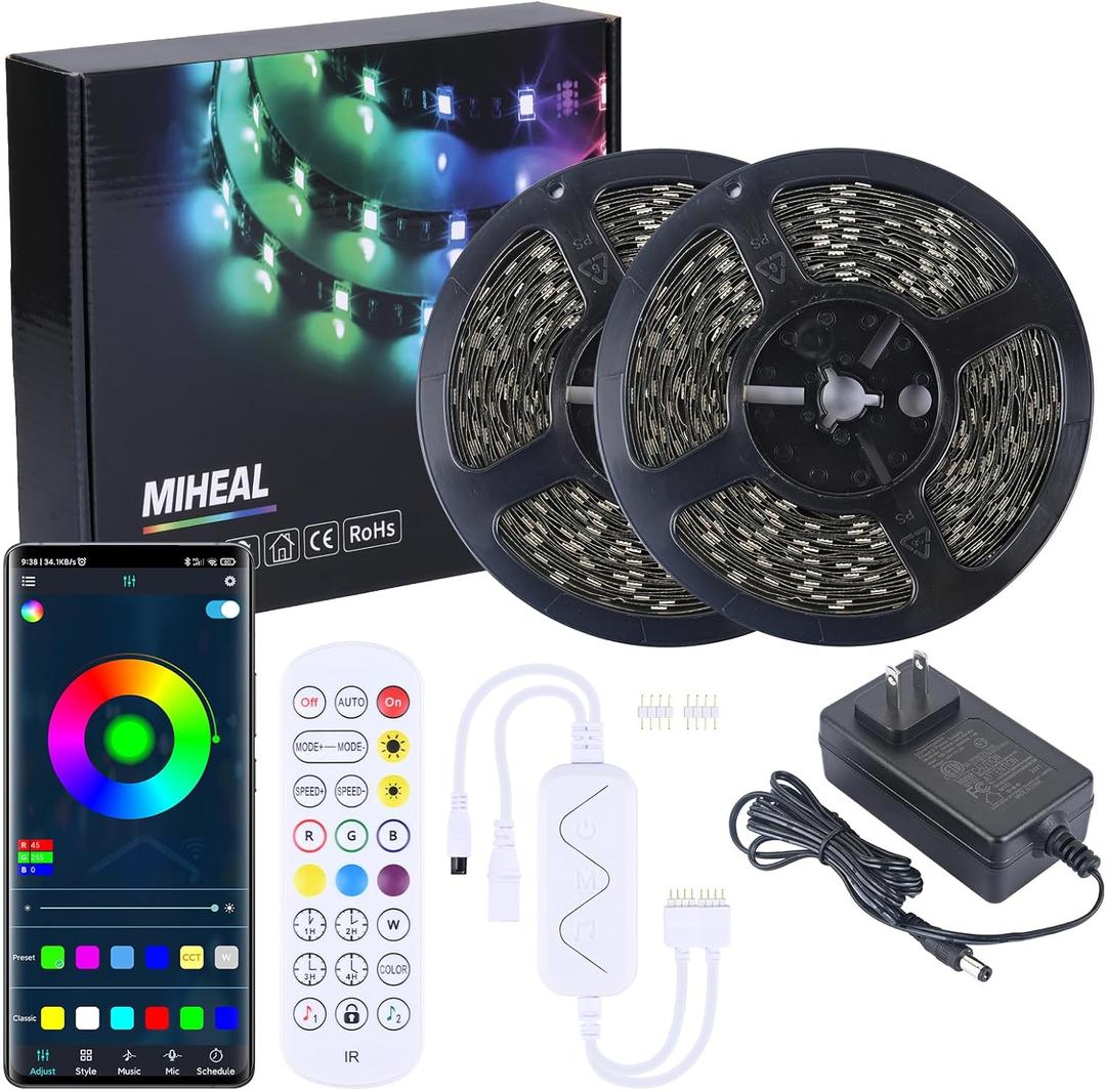 MIHEAL Led Strip Lights Kit 65.6ft 5050 SMD RGB Flexible LED Tape Lights with DC24V UL Power Supply RF Remote Controller for Under Cabinet Lighting Bedroom, Living Room (Black)