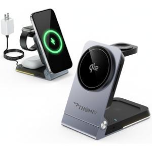 THONIV- Qi2 3-in-1 Magnetic Wireless Charging Station, Foldable 15W Fast Charger for iPhone 1117 Series, Apple Watch and Wireless Earbuds, Portable Travel Dock, MagSafe Compatible, 30W Adapter