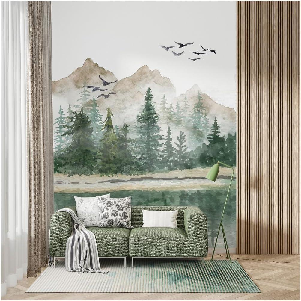 Forest Wallpaper Mural Sage Green Woodland Mountains Self-Adhesive Peel and Stick Wallpaper Rustic Nature Landscape Pine Tree Wall Decor Removable Contact Paper for Wall 59"X78.7"