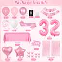Pink 32nd Happy Birthday Decorations for Women Girls, Pink and White 32nd Birthday Party Packs with Foil Number 32 Balloons, Happy Birthday Banner, Fringe Curtains, Birthday Sash Party Supplies