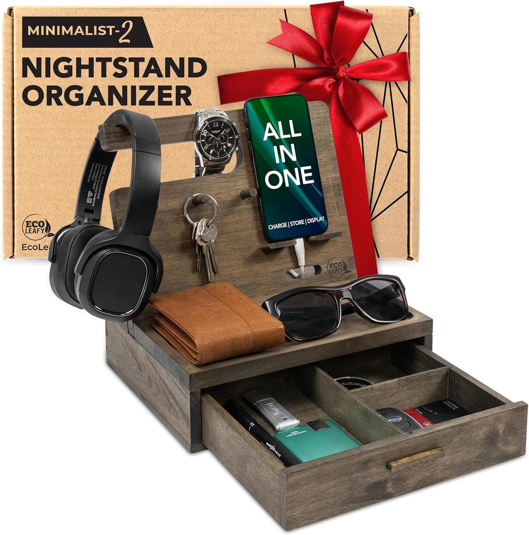 Nightstand Organizer for Men- Phone Docking Station with Drawer for Cellphone, Watches, Sunglasses & Accessories- Makes an Ideal Gift for Dad or Son (Rustic)