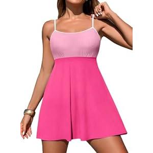 Aleumdr Women's Ribbed One Piece Skirt Swimsuit Swimming Dress Tummy Control Color Block Prited Bathing Suit with Pockets Color Block Pink Block Small
