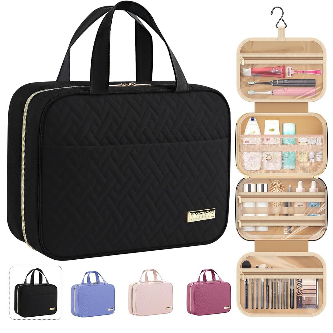 HOTOR Travel Toiletry Bag - Toiletry Bag w/Hanging Hook - Spacious Toiletry Bag for Women & Men, Makeup Bag/Big Comparment, Waterproof for Travel Accessories, Travel Essentials, Medium, Black (Medium, Black)