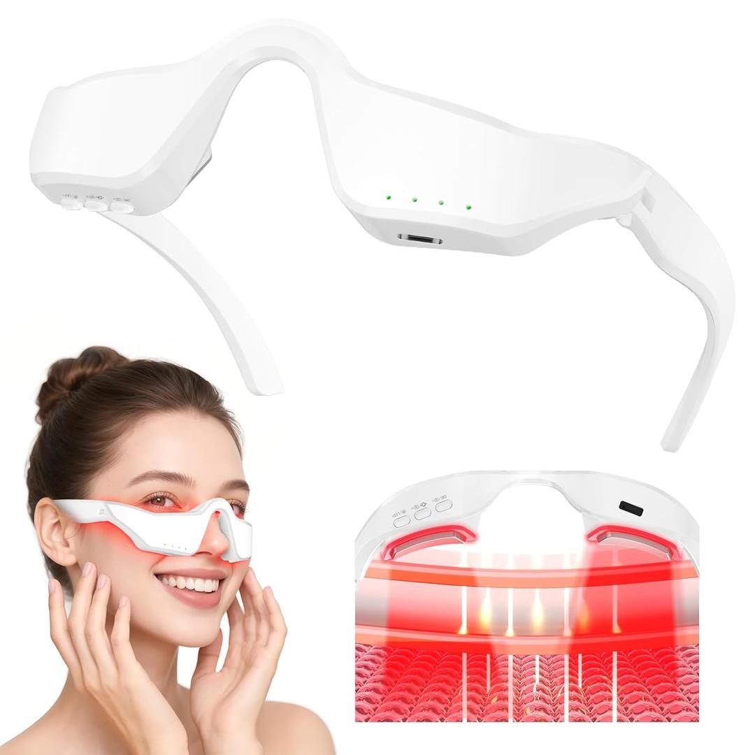 5-in-1 Smart Eye Massager Glasses - Red Light Therapy with Microcurrent, Heat & Vibration, for Eye Bags Dark Circles Puffiness Wrinkles Fine Lines Eye Strain Gift for Women & Men (White)