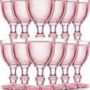Bokon 12 Pack Pink Glass Goblets Set 10 oz High Clear Wine Glass Vintage Water Goblets Cups Embossed Diamond Design Glassware with Stem for Drinking Juice Liquor Party Wedding Bar, Standard