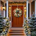 YULETIME 20-inch Christmas Wreath, Battery Operated Holiday Wreath with 20 Fairy Lights, Golden Baubles & Berries, Pine Cones, Golden Leaves, Frosted Spruce Branches and Pine Needles (Gold)