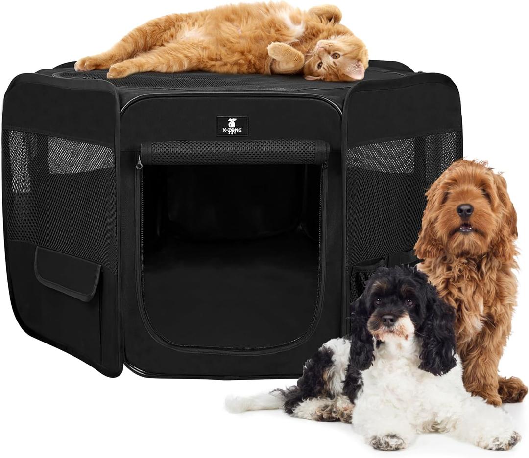 X-ZONE PET Dog Playpen Portable Pet Play Pens for Puppies, Cat, Rabbit, Chicks, Foldable Exercise Play Tent Kennel Crate, Indoor/Outdoor Travel Camping Black Medium