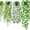 Der Rose 4Pcs Fake Plants Hanging Artificial Ivy Vine Faux Eucalyptus Hanging Plants, Boston Fern, String of Pearls for Living Room Bedroom Boho Wall Shelf Indoor Outdoor Decor (Black Pots-4pcs Green)