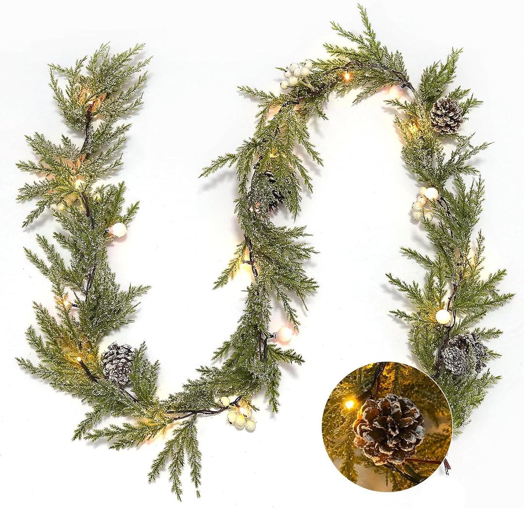 RECUTMS 6.5Ft Christmas Decorations with Lights Artificial Wreath White Berries and White Pinecones Xmas Decorations for Home Wall Decor Berries