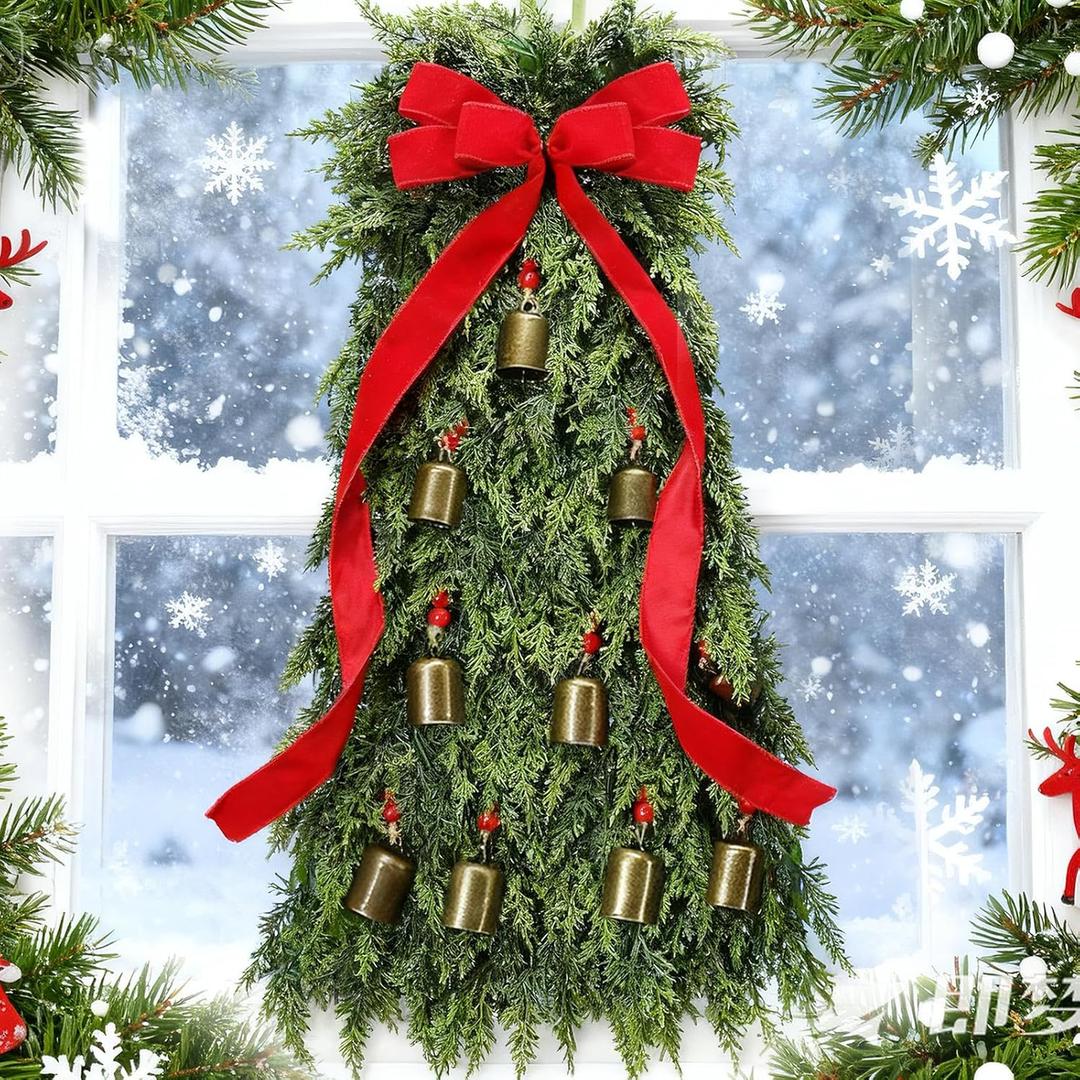 27.6" Christmas Swag for Front Door Large Christmas Teardrop Wreath with Red Bow Bells Xmas Swag Artificial Faux Pine Wreath Xmas Tree Farmhouse Decor for Winter Holiday Door Window Wall