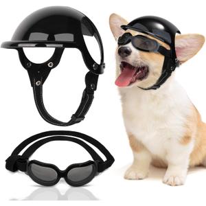 SlowTon Dog Helmet and Goggles - UV Protection Doggy Sunglasses Dog Glasses Pet Motorcycle Helmet Hat with Ear Holes Adjustable Belt Safety Hat for Small Medium Large Dogs Puppy Riding (Black, S) (Small (16.5-27.5 lb))