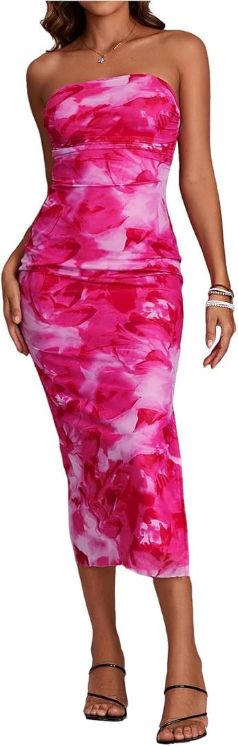 Milumia Women's Printed Strapless Tube Top Maxi Dress Slit Hem Sleeveless Bodycon Wedding Guest Party Long Dresses (Medium, Dark Pink)