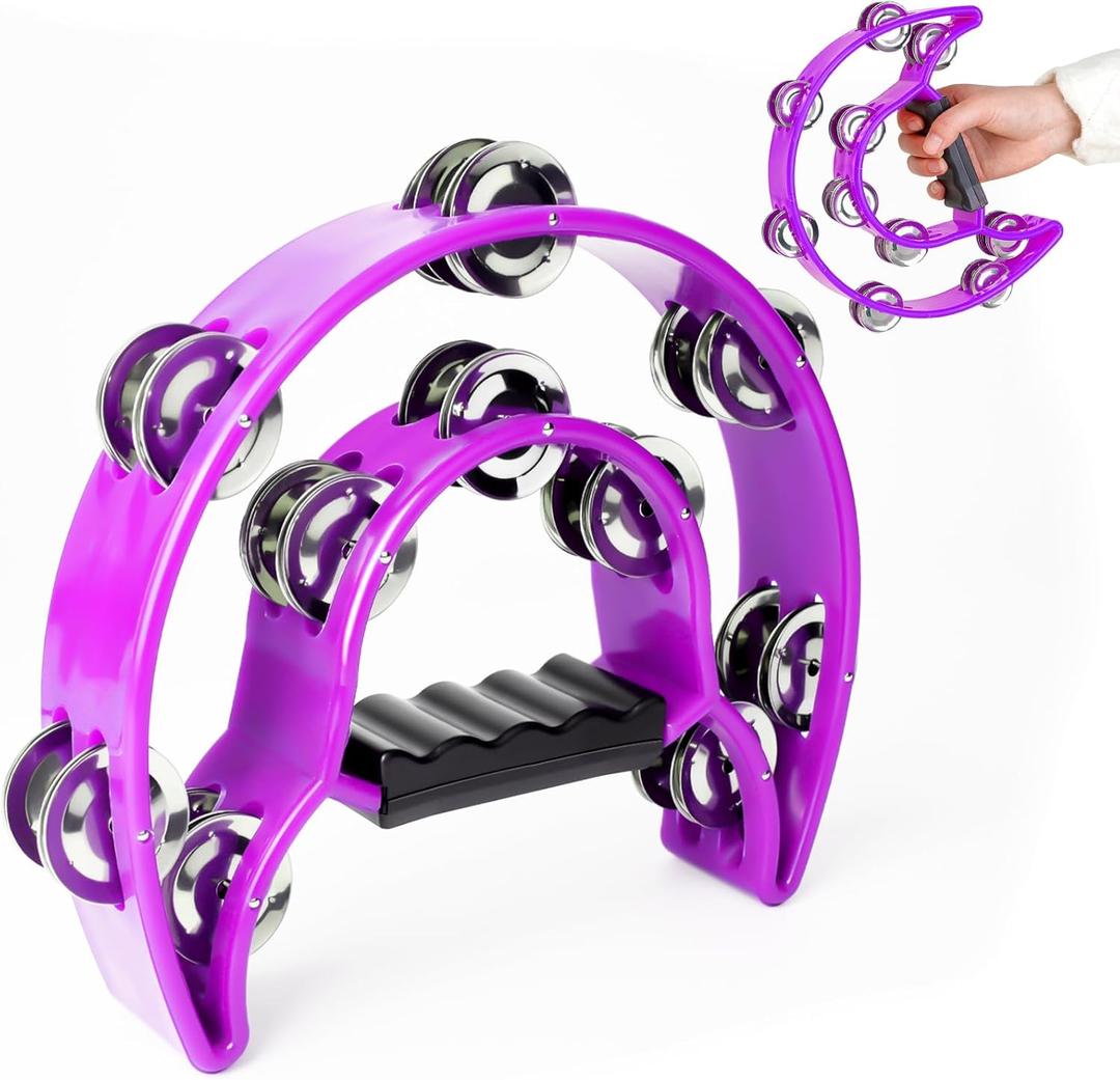 Tambourine Double Row Metal Jingles Half Moon Musical Instruments Tamborines Musical Instrument for Adult Hand Held Percussion for Party, Church (Purple)