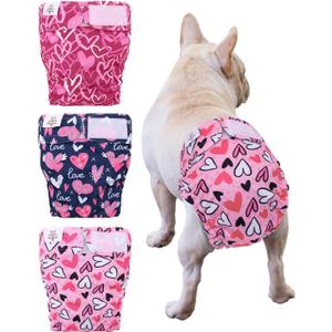 CuteBone Washable Dog Diapers Female No Tail Hole 3 Pack Reusable Doggie Period Training Pants Valentines for Docked-Tail Frenchie French Bulldog Boston Terrier Without Tail WWD20M