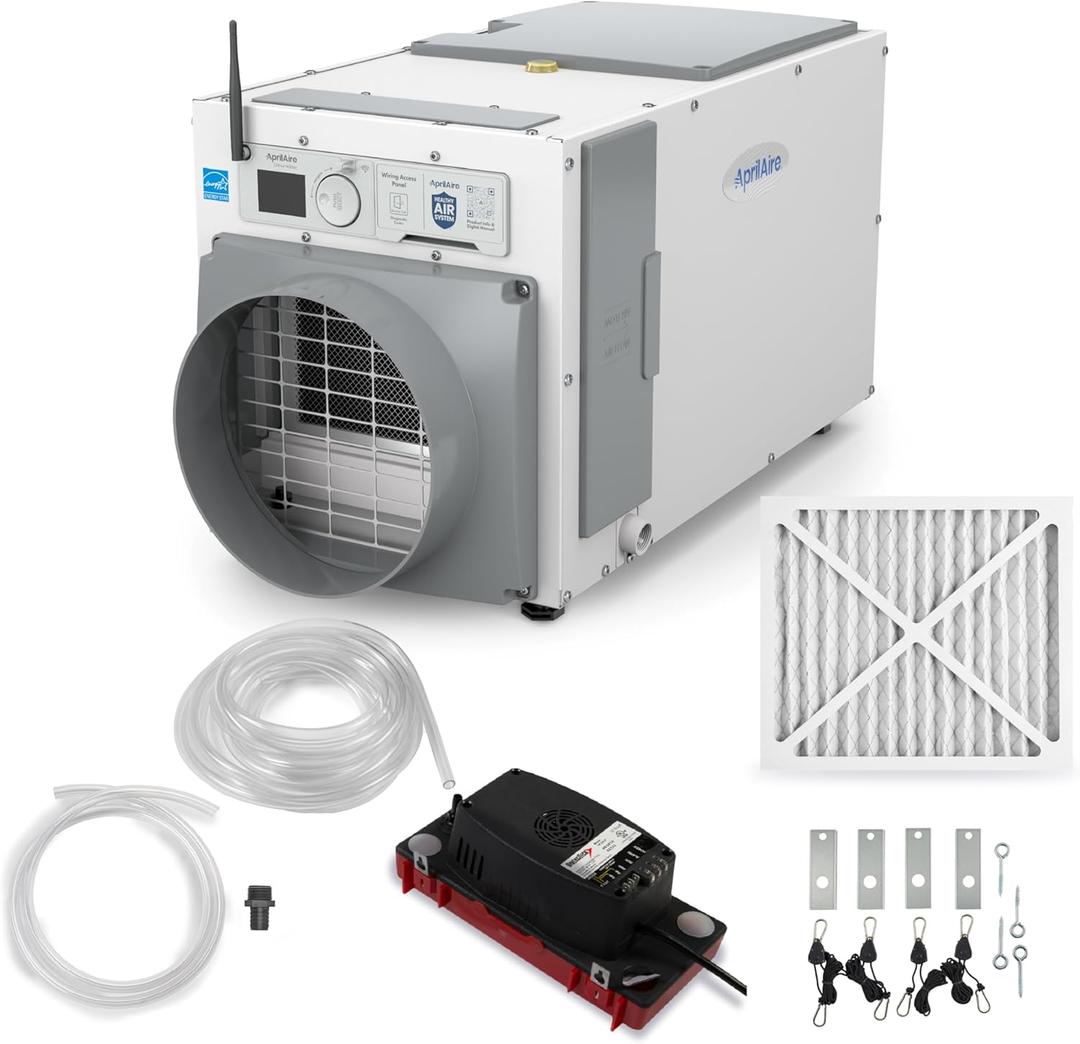 AprilAire E100W Smart Wi-Fi Whole-House Dehumidifier 100-Pint ENERGY STAR Commercial Dehumidifier for Basement, Crawl Space & Home up to 4,400 Sq.Ft. with Pump, Drain Hose, Hanging Kit, MERV 11 Filter