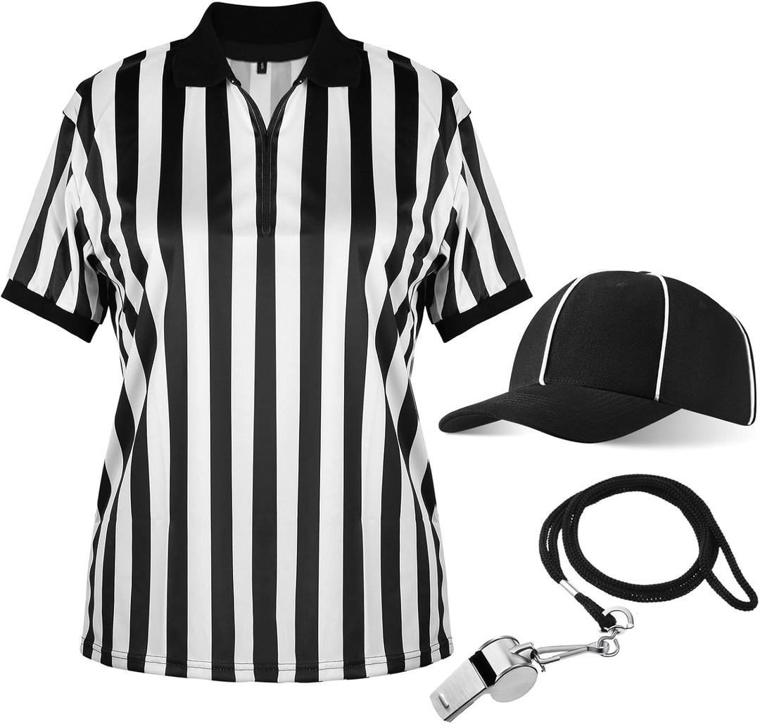 Geyoga 4 Pcs Men's Official Referee Costume Set Black and White Stripe Referee Shirt Hat Whistle Lanyard for Carnival(L)