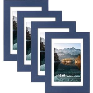 4x6 Picture Frame Set of 4, High Definition Real Glass, Display Pictures 3.5x5 with Mat or 4x6 Without Mat, Gallery Wall Hanging or Tabletop Photo Frames, Blue