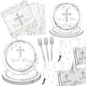 God Bless Plates and Napkins Tableware,142pcs Sliver Baptism Plates and Napkins Tablecloth Set,First Communion Decorations Dinnerware for Newborn Religious First Holy Communion Decorations