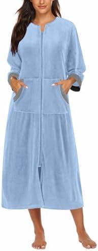 Ekouaer Robe for Women Velour Zipper Robe 3/4 Sleeves Housecoat Full Length Loungewear Long Bathrobe with Pockets. Size 3XL.