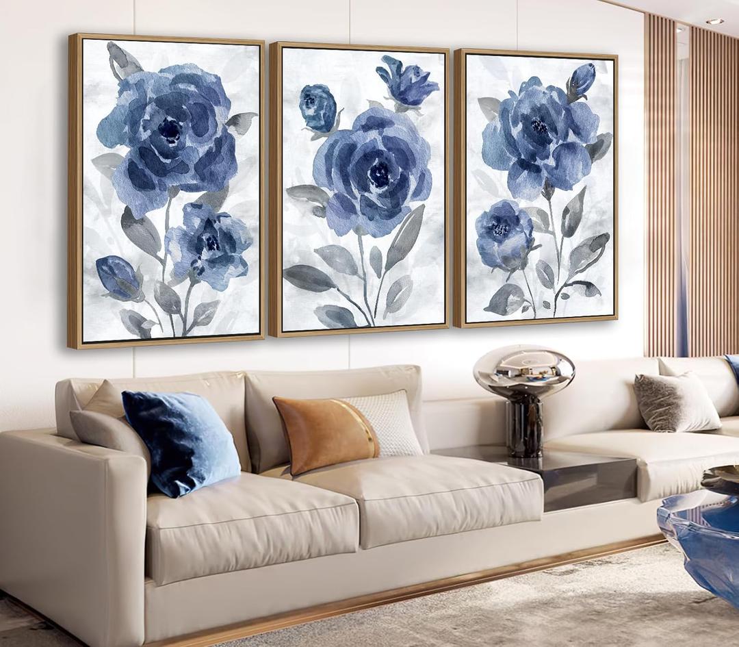 Large Framed Canvas Wall Art - Natural Float Framed Modern Indigo Flowers Pictures Decor Dark Blue Floral Grey Leaves Artwork for Bedroom Living Room Kitchen Home Office Decoration 48" X 24" Set of 3