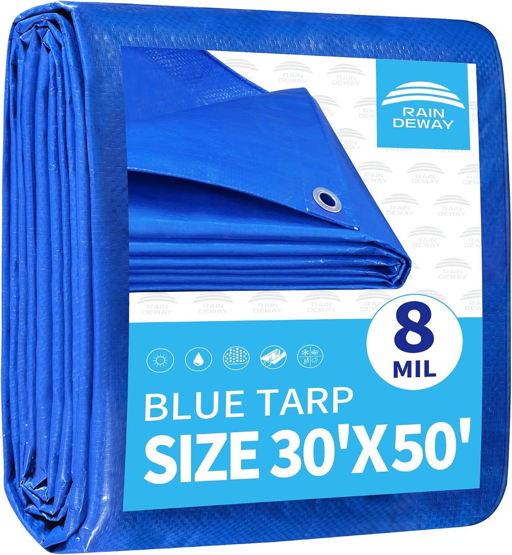 RAINDEWAY Large Tarps 30x50 Feet 8 Mil Multipurpose Blue Waterproof Tarp, 30x50 Feet-Finished Size