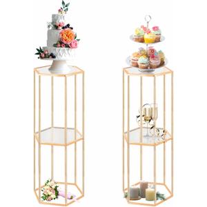 2PCS 2 Tier Hexagon Gold Cake Stand for Party, Tall Metal Pedestal Stands for Display Decoration, Flower, Plant, Birthday, Wedding, Baby Shower, Bridal Shower, Cylinder Column for Desserts