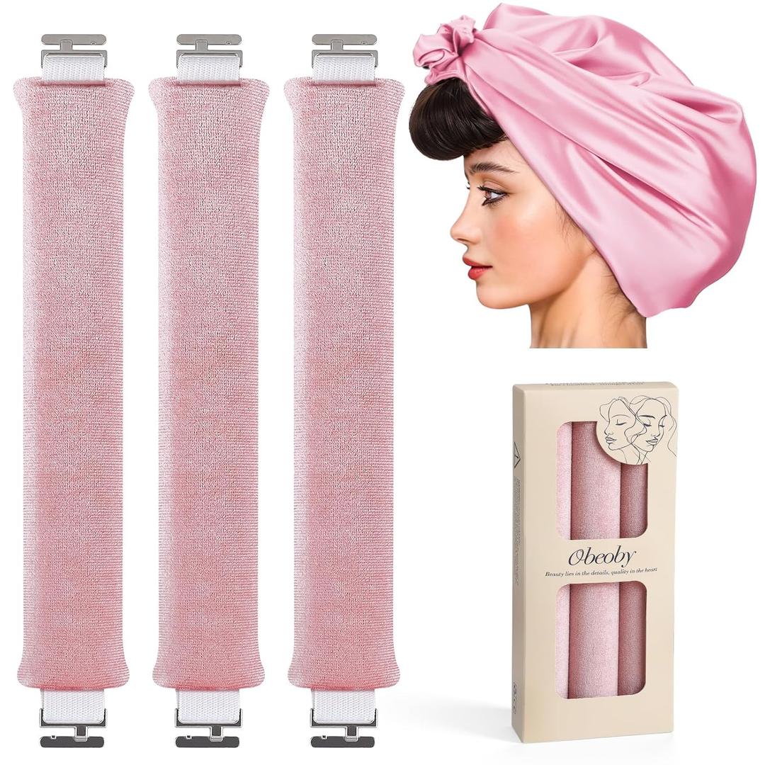 Heatless Curlers, Heatless Curls Overnight Set for Women, No Heat Hair Curlers to Sleep In, Jumbo Overnight Curls with Blowout Rods for Long Hair (Pink, 3 Pack Curling Rod with 1 Scarf)