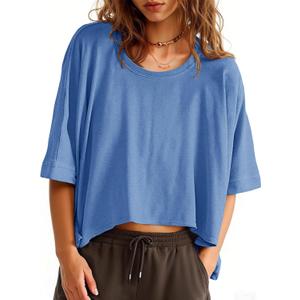 Tankaneo Womens Oversized T-Shirts Cropped Summer Casual Short Sleeve Loose Fit Tee Tops (Medium, Blue)