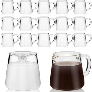 Suclain 16 Pcs Small Glass Creamer Pitcher with Spout Milk Frothing 2.3 oz Mini Milk Pourer Small Glass Pitcher with Handle Carafe Coffee Mug Pot Tea Frother Cup for Table Serving Kitchen