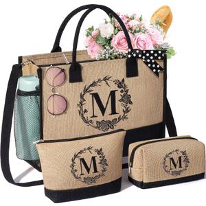 Personalized Gifts for Women Tote Bag, Initial Jute Tote Bag & Makeup Bags Monogrammed Beach Bag w/ Zipper, Birthday Valentines Day Gifts for Women Her Friends Mom Daughter Sister Girlfriend Teacher