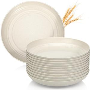OAMCEG Wheat Straw Plates 12 Pack 9 Inch Unbreakable Plastic Plates Reusable, Dishwasher & Microwave Safe Wheat Straw Dinnerware Sets Kid-Friendly for Kitchen Outdoor Camping Salad, Beige