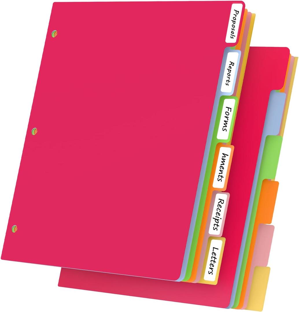 HABGP 12Pcs/2 Set 6 Tab Dividers for 3 Ring Binder, 12 Pcs Colorful Binder Dividers with Tabs, 3 Ring Page Folder Dividers, Plastic Tabbed File Dividers with Tabs, Three Ring Binder Index Dividers