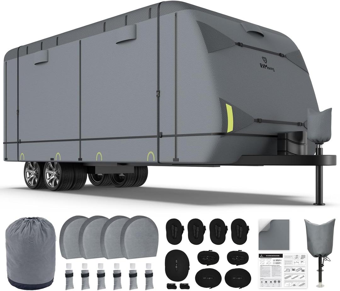 RVMasking RV Cover, Heavy Duty 7 Layers Travel Trailer Cover with 4 Tire Covers for 20'1"-22', Windproof Rip-Stop Anti-UV Camper Cover, Medium Gray (20'1"-22', Medium Gray)