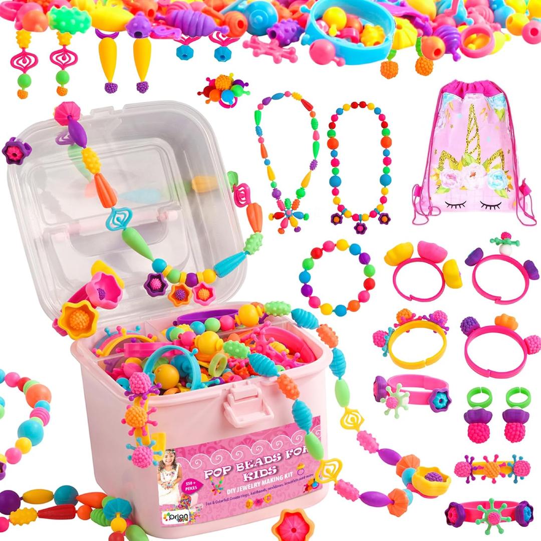 Orian Pop Beads Jewelry Kit for Girls  550+ Colorful Snap Beads to Create Bracelets, Necklaces & Rings, Fun DIY Set with Unicorn Gift Bag, Ages 3+