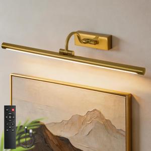 Wireless Rechargeable Picture Light for Wall, 24 Inch Battery Operated Art Lighting with Remote, 3CCT Dimmable & Timer Function, Adjustable Gallery Light for Paintings, Art Display (Gold)