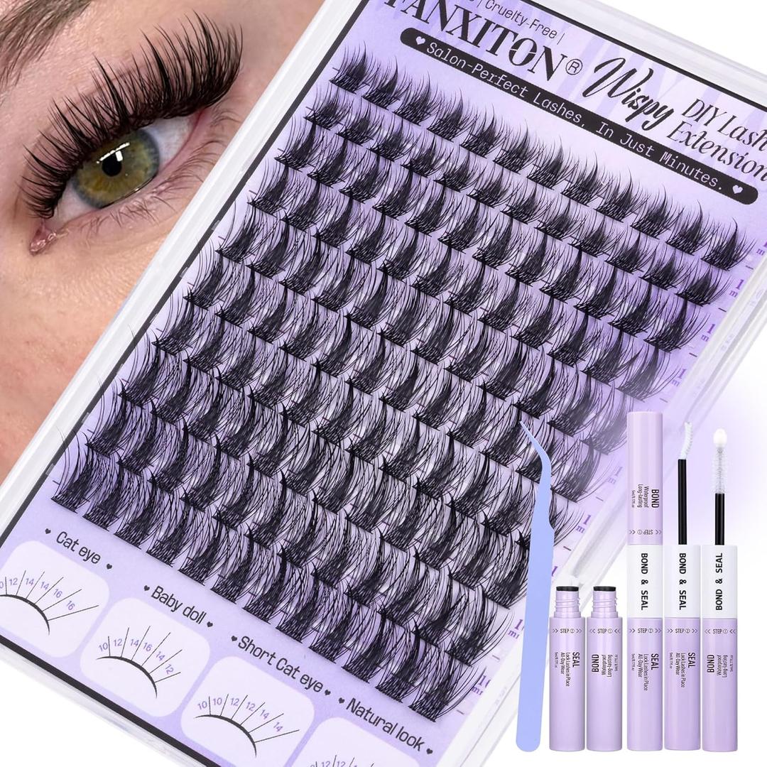Natural Lash Clusters Kit Manga Lash Clusters DIY Lash Extension Kit 10-16mm Cluster Eyelash Extensions Kit Lash Bond and Seal Lash Tweezers Individual Lashes Cluster Kit DIY Lash at Home