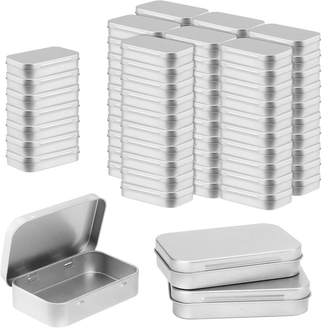SHEUTSAN 80pcs 3.7 x 2.4 x 0.8 Inch Silver Rectangular Hinged Tin, Empty Tins With Hinged Lids, Metal Hinged Box Container for Small Items, Candies SHEUTSAN 80pcs 3.7 x 2.4 x 0.8 Inch Silver Rectangular Hinged Tin, Empty Tins With Hinged Lids, Metal Hinged Box Container for Small Items, Candies