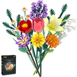 Flowers Bouquet Building Blocks Toy Set, 1000+PCS DIY Artificial Flower Bouquet Building Kit with Rose, Sunflower Wildflower Collection, Birthday Gifts for Adults Women Mom Teen14+, Home Decor