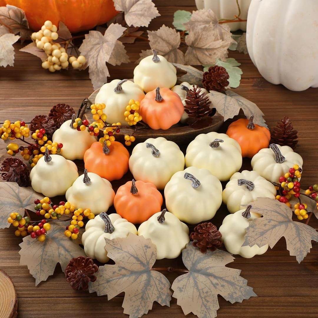 Geelin 34 Pcs Thanksgiving Assorted Artificial Pumpkins Set Fall Mini Fake Pumpkins with Maple Leaves Pinecones Berries Autumn Harvest Decoration for Thanksgiving Bowl Filler Table Centerpiece Decor