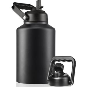 Insulated Gallon Water Bottle Jug with Straw, 128 oz Large Stainless Steel Sports Metal Water Canteen With Handle, Thermal Water Cup Mug with 2 Lids, Midnight Black